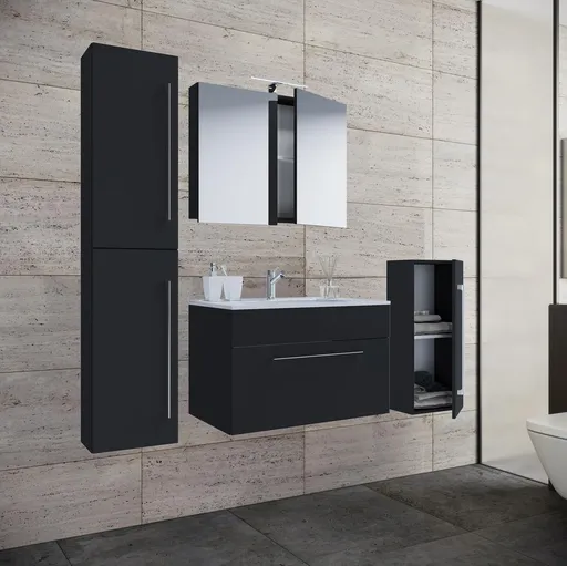 VCM 5dílná stojící umyvadlová skříňka Badinos 1 zásuvka 60 cm se zrcadlem, střední a vysokou skříňkou, černá