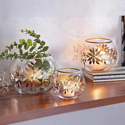 Weltbild Skleněné svícny Zlatý květ, sada 3 ks