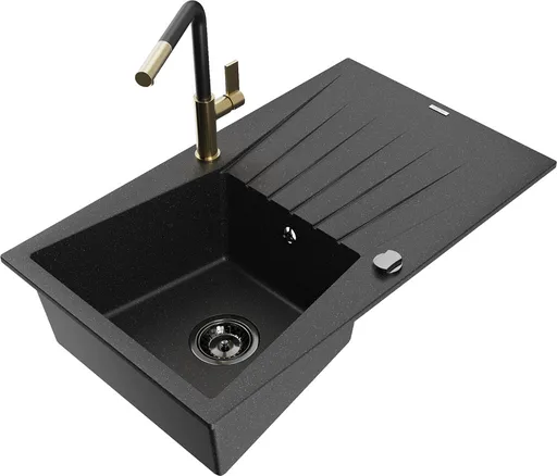 MEXEN/S MEXEN/S - Cesar granitový drez 1-miska s odkvapkávačom vrátane batérie Flora, čierna/strieborná metalík 6514-73-670401-57-B