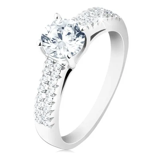 Strieborný prsteň 925 - zásnubný, číry okrúhly zirkón, zdobené ramená - Veľkosť: 48 mm