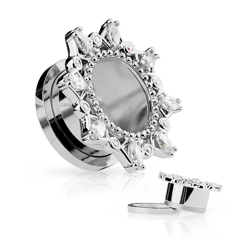 Oceľový tunel do ucha - ornamentálne slnko s trblietavými zirkónmi - Priemer: 14 mm