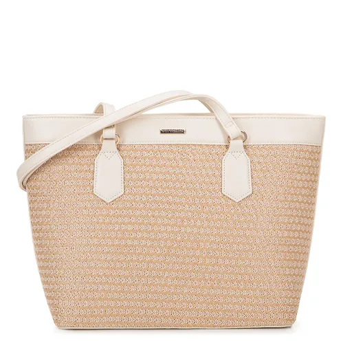 Shopperka z ekokože a výpletu béžovo-krémová 100-4Y-408-90