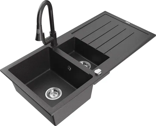 MEXEN/S MEXEN/S - Andres granitový drez s odkvapkávačom vrátane batérie Elia, čierna nakrápiany 6515-76-670101-76