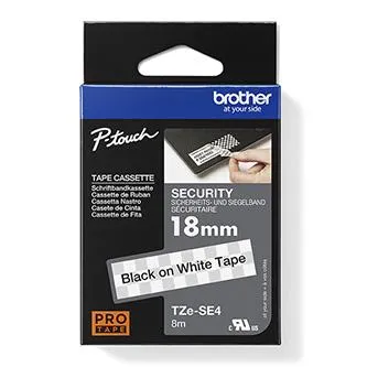 Brother originál páska do tlačiarne štítkov, Brother, TZE-SE4, černý tlač/biely podklad, laminovaná, 8m, 18mm, plombovacia