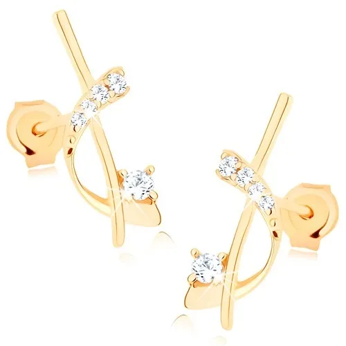 Zlaté náušnice 14K s oblúkom, zvislou líniou a čírymi zirkónmi