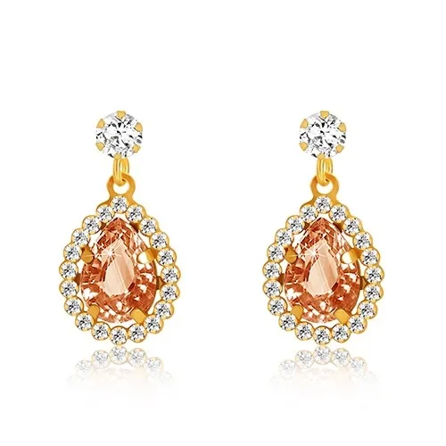 Náušnice zo žltého zlata 375 - číry zirkón, medovo oranžová slza, trblietavý lem