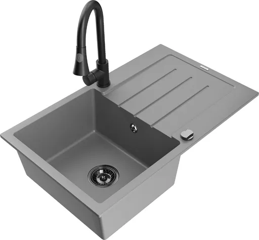 MEXEN/S MEXEN/S - Bruno granitový drez 1 s odkvapkávačom vrátane batérie Elia, šedá 6513-71-670101-70-B