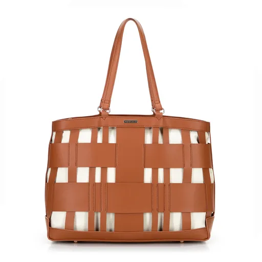 Pletená shopperka z imitácie kože hnedá