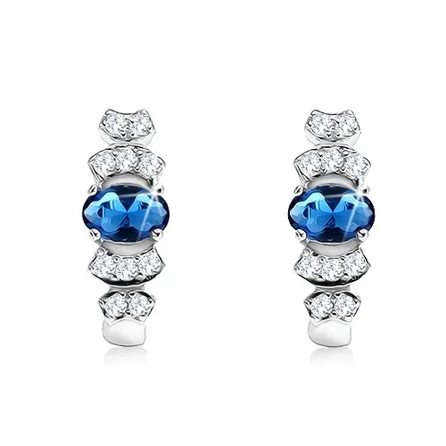 Strieborné 925 náušnice s oválnym modrým kameňom, oblé línie čírych zirkónikov