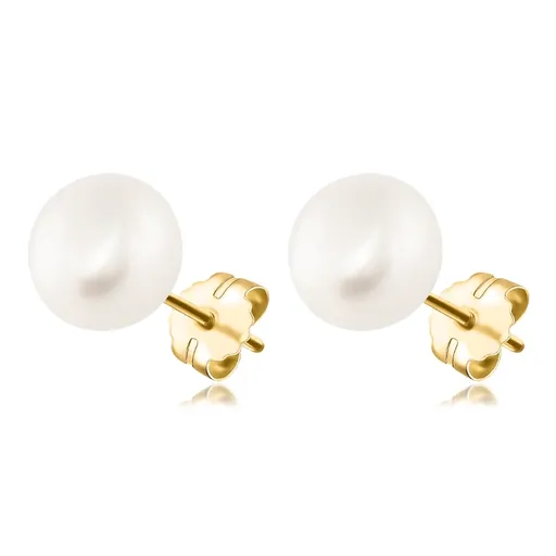 Náušnice v žltom zlate 375 - biela sladkovodná perla, gombíkový tvar