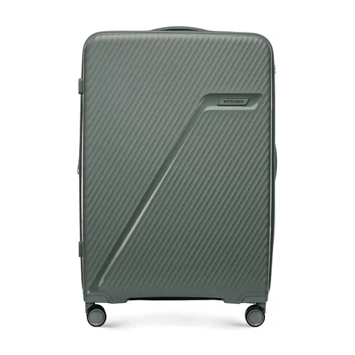 Veľký polypropylénový kufor s diagonálnymi pruhmi, sivý 56-3T-503-01