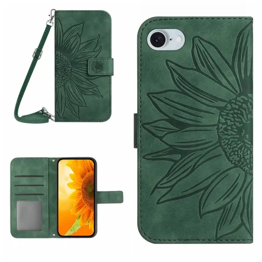 ART SUNFLOWER Peňaženkový obal so šnúrkou pre Apple iPhone 16e zelený