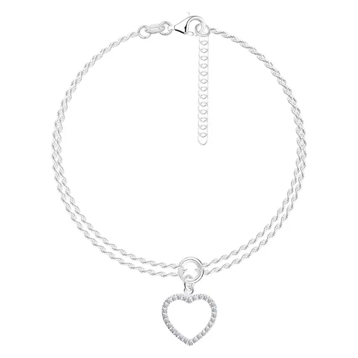 Náramok zo striebra 925 - zirkónový obrys srdca, dvojitá retiazka Singapur