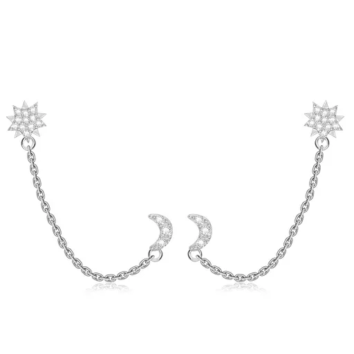 Náušnice do dvoch dierok v striebre 925 - spojený mesiac s hviezdou, číre zirkóny, puzetky