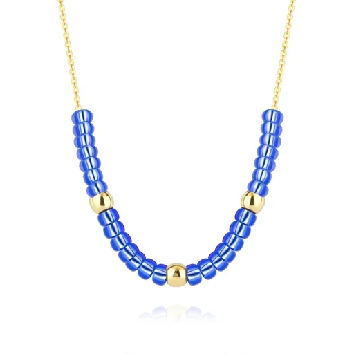 Náhrdelník z 9K žltého zlata - zlaté guličky, modré kamienky