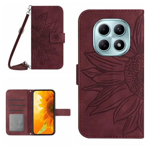 ART SUNFLOWER Peňaženkový obal so šnúrkou pre Xiaomi Redmi Note 15 Pro bordový