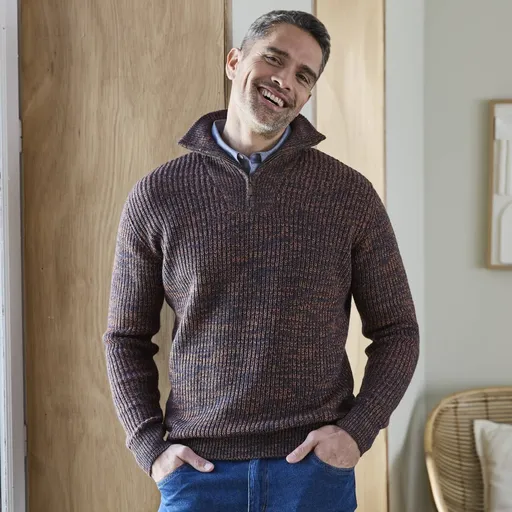 Pulóver z hladkého úpetu so stojačikom na zips a 30 % podielom vlny