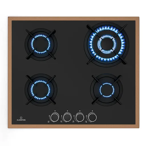 Klarstein Lumiflame plynová varná doska, 4 horáky, medený rám, elektrické zapaľovanie, výkon 8 kW