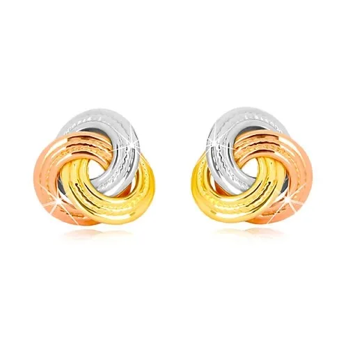 Náušnice z kombinovaného 14K zlata - trojfarebný uzol, širšie vrúbkované prstence