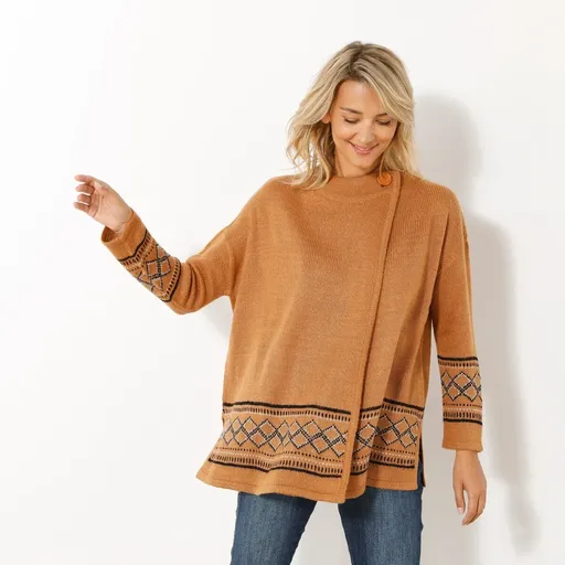 Rozšírený sveter s etno vzorom a stojačikom na
		gombík