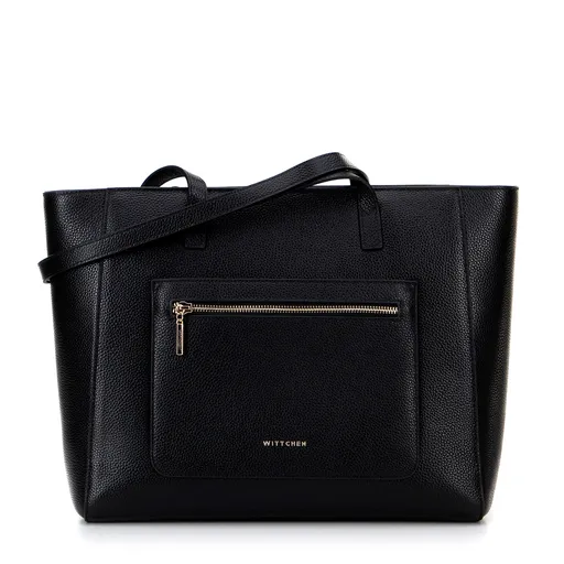 Kožená kabelka shopper s vreckami na prednej strane čierna so zlatým logom 100-4E-620-1G