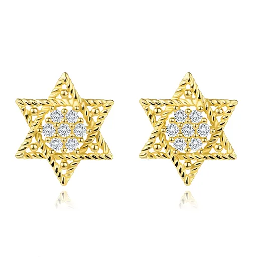 Zlaté náušnice 14K šesťcípa hviezda so zirkónovým kvetom