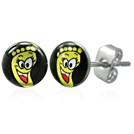 Puzetové náušnice z ocele, číra glazúra, žltá nôžka s usmievavou tvárou