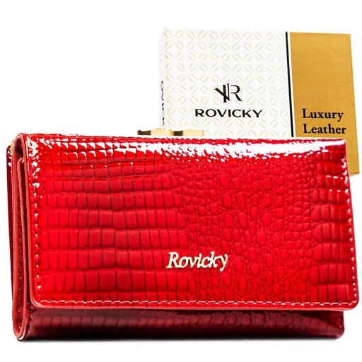 Stredná dámska lakovaná kožená peňaženka v červenej farbe so zapínaním na kovový rámik a patentku – Rovicky