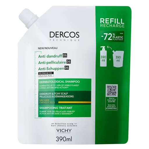 VICHY DERCOS Šampón proti lupinám suché vlasy - náhradná náplň 390 ml