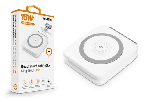 Bezdrôtová nabíjačka ALIGATOR Mag-Book 2v1, určené pre MagSafe a nabíjanie Apple Watch, 15W, biela