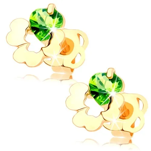 Puzetové náušnice v žltom 14K zlate - štvorlístok s výrezom, zelený zirkónik