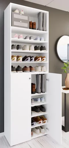 VCM Botník Lona 2XL s 10 přihrádkami, otočné dveře + police, bílá