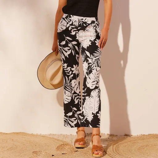 Široké nohavice s dvojfarebnou rastlinnou potlačou