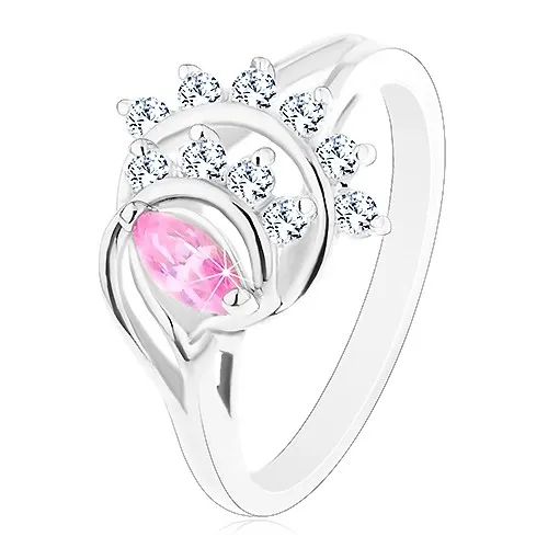 Prsteň striebornej farby, ružové zrnko, oblúky z čírych zirkónov - Veľkosť: 57 mm