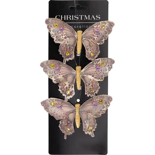 Set vianočných ozdôb Motýle, zlatá, 12x8x2 cm, s klipom, SET 3 KS