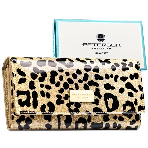 Veľká zlatá dámska peňaženka so zvieracím vzorom z prírodnej a ekologickej kože, s RFID ochranou a dvojitou priehradkou na mince