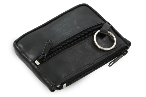 Čierna kožená kľúčenka s dvoma zipsovými a poklopovým vreckom 619-0373-60
