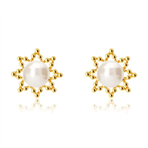 Zlaté 9K náušnice - obrys osemcípej hviezdičky, okrúhla sladkovodná perla, puzetky