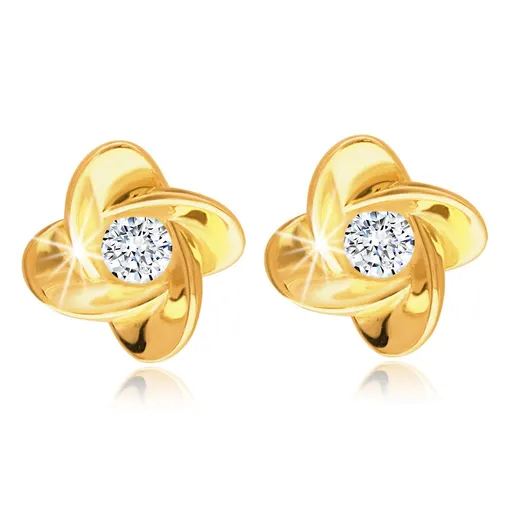 Náušnice v žltom 9K zlate - kvietok so zirkónikom v čírom odtieni