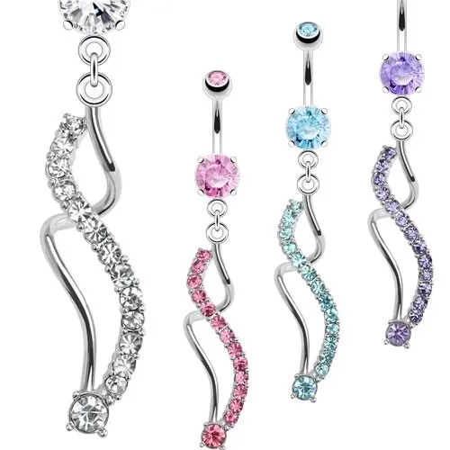 Piercing do bruška ocele 316L striebornej farby, asymetricky zvlnené línie - Farba zirkónu: Aqua modrá - Q