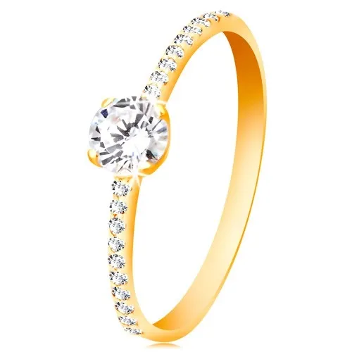 Prsteň zo žltého 14K zlata - okrúhly číry zirkón, tenké zirkónové línie po stranách - Veľkosť: 51 mm