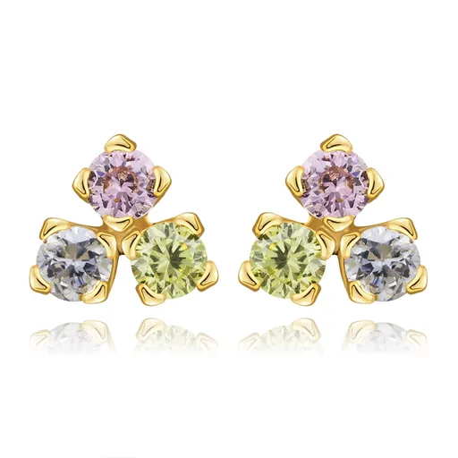 Náušnice v 9K žltom zlate - tri farebné zirkóny v svetlých odtieňoch