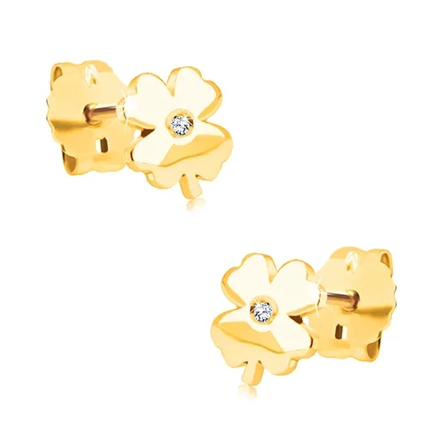 Náušnice zo žltého 9K zlata - lesklý štvorlístok s čírym zirkónom
