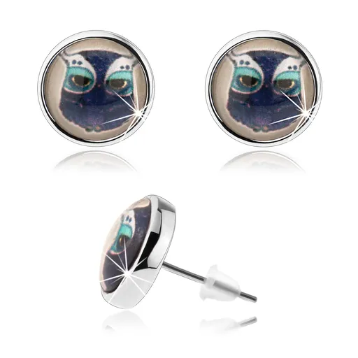 Náušnice cabochon, vypuklé sklo, strieborná farba, obrázok sovy