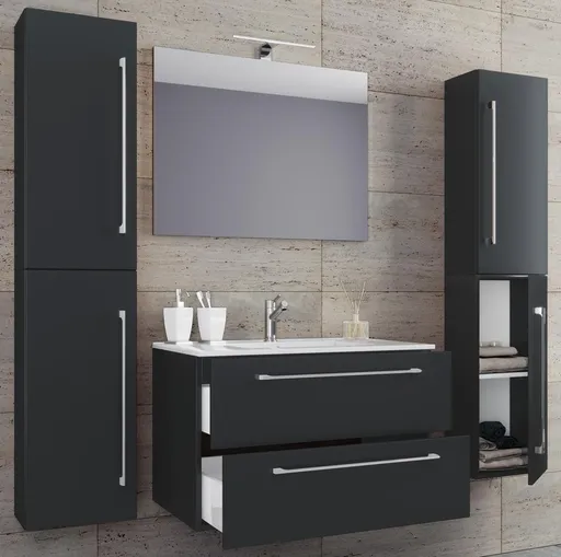 VCM 5dílná umyvadlová skříňka Badinos 2 zásuvky 60 cm se zrcadlem a 2 vysokými skříňkami, černá