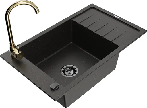 MEXEN/S MEXEN/S - Elias granitový drez s odkvapkávačom vrátane batérie Telma, čierna/zlatá 6511-75-670200-50-B