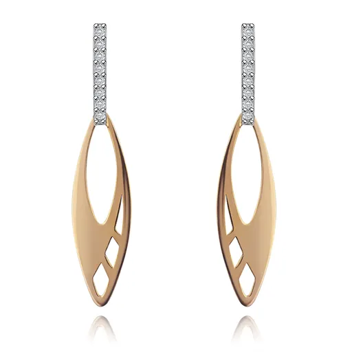 Zlaté náušnice 585 - ploché zrnko s výrezmi, zvislý pás čírych zirkónikov