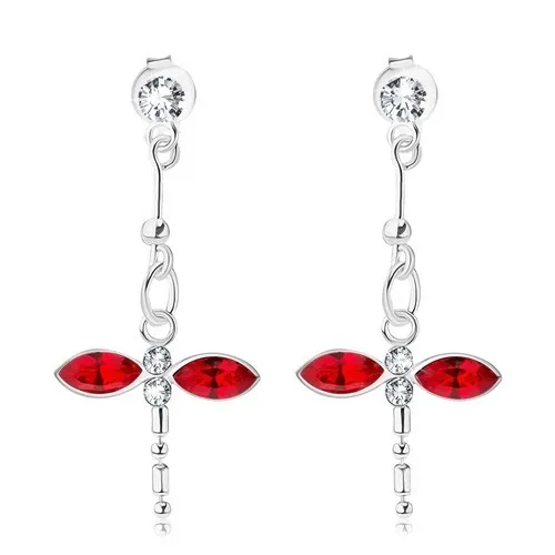 Náušnice zo striebra 925, visiaca vážka, číre a červené krištále Swarovski