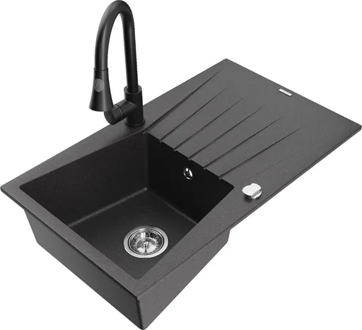 MEXEN/S MEXEN/S - Cesar granitový drez 1 s odkvapkávačom vrátane batérie Elia, čierna kropenatá 6514-76-670101-70