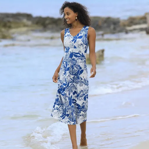 Rozšírené midi šaty bez rukávov, s potlačou